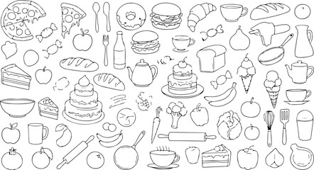 Delicious food outline icons with pizza, burgers, cakes, bread and drinks, a culinary delight, perfect for menus, recipes, and food-related projects