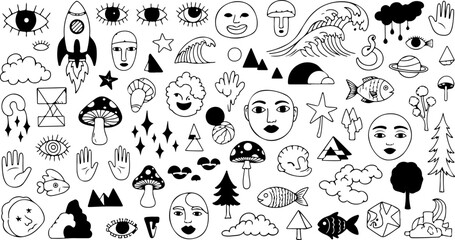 Whimsical doodle art collection with eyes, mushrooms, faces, fish, and space elements for creative projects and trendy designs, great for artistic ventures