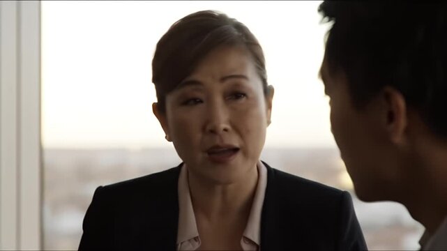 Thoughtful Asian Businesswoman Talking Seriously in a Modern Office Meeting Professional Female Executive Engaged in a Deep Corporate Conversation Discussing Im