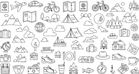 Travel adventure icons for vacation planning, holidays, tourism, camping, and outdoor recreation, perfect for logos, maps, and brochures. Scalable vector design.