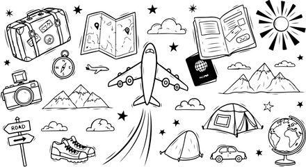 Travel adventure awaits with this wanderlust collection showcasing planes, tents, maps, and destinations for your next journey exploring the world