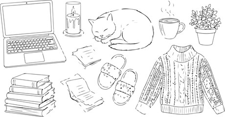 Cozy relaxation scene with laptop, sleeping cat, hot drink, books and slippers creates a comfy, calming home office atmosphere for work and leisure