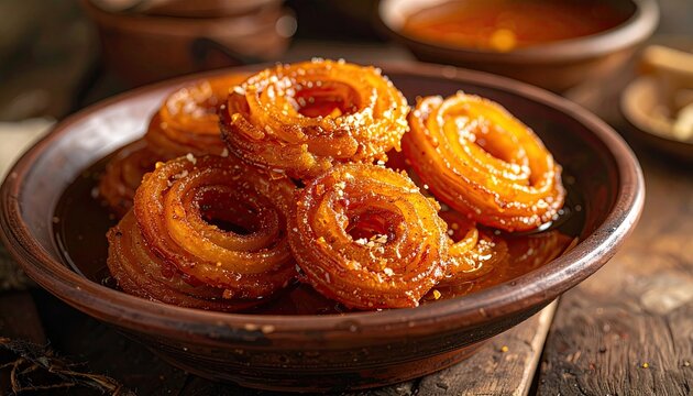 Golden Crispy Fried Flour Cake Sachima Stacked in a Clay Bowl with Honey Drizzle Studio Lighting