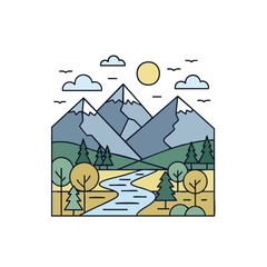 Tranquil mountain landscape with river and trees.