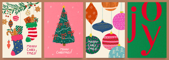 A set of Christmas and New Year greeting cards in a modern cartoon style with a Christmas tree, socks, decor, balls, cookies, a tree branch, and gifts to form a cover, poster, or banner.