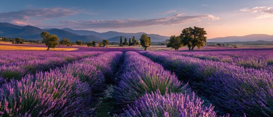 Obraz premium Vibrant lavender field landscape with mountains and trees under scenic sky