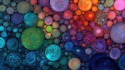 A vibrant, abstract painting featuring a multitude of colorful, spherical shapes with a gradient effect, creating a mesmerizing and artistic visual experience.