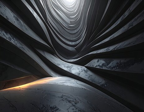 Abstract architectural structure with curved metallic textures