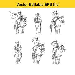 Fototapeta premium Vector art of collection of cowboy drawings with horses and standing figures