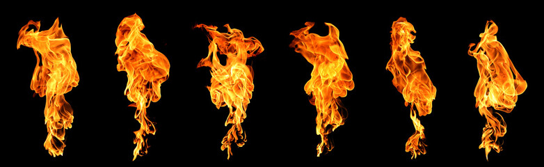 : Realistic isolated flames set on black background showing fire movement and texture, perfect for...