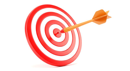 Arrow hitting the bullseye of a red and white target on a clean white backdrop
