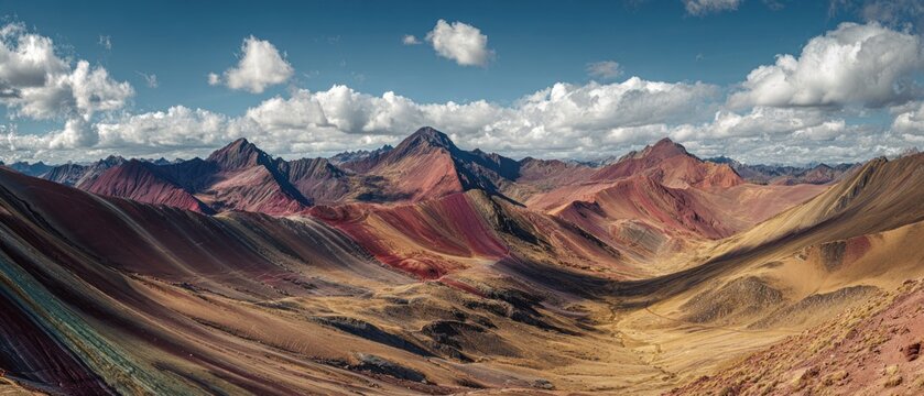 Panoramic view of a colorful mountain range under a cloudy blue sky - Powered by Adobe