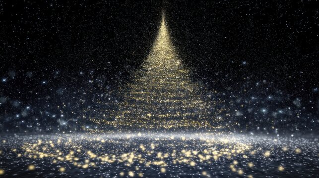 A golden Christmas tree with glittering lights and stars, set against a black background with a silver floor. - Powered by Adobe