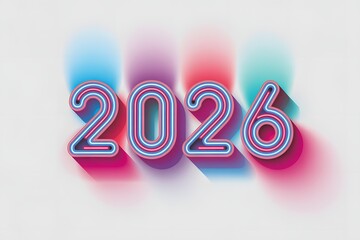 Colorful neon celebration sign for New Year party with fireworks and festive lights