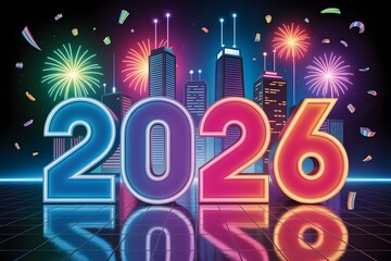 Colorful neon celebration sign for New Year party with fireworks and festive lights