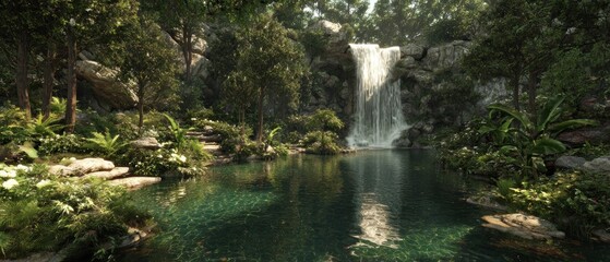 Tranquil waterfall scene lush green landscape and reflective water