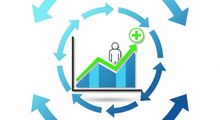 Growth chart with person icon and plus sign in a circle of arrows, representing business development and success