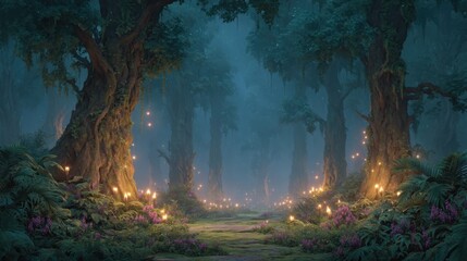 Enchanting Photorealistic Forest Illuminated by Fantasy Light with Ethereal Glow and Natural Elements