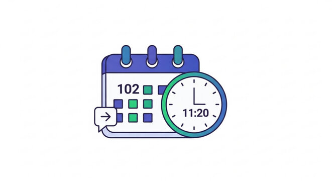 Calendar with the 102nd day marked, a clock showing 1120, and a speech bubble with an arrow