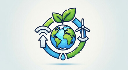 Illustration of a green planet with leaves, a wind turbine, a water drop, and a wifi symbol, representing sustainability