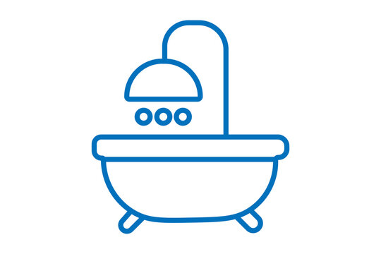 The image shows a flat blue outline icon of a bathtub with an overhead shower and three water droplets, representing a bathroom facility or bathing area.