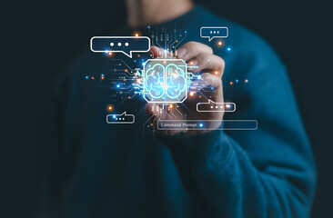 Artificial intelligence concept showing a digital brain interface and chat communication technology, representing AI innovation, machine learning, and futuristic virtual assistant interaction.