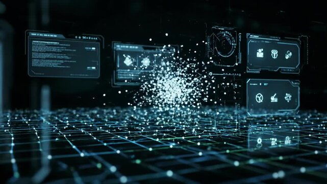 Dynamic virtual interface displaying abstract data analysis with glowing grid networks and futuristic system elements, ideal for technology backgrounds deep learning, background loop, corporate