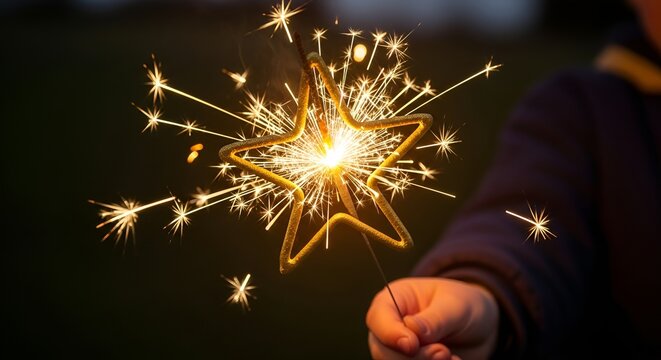 Sparkling star: Child's hand holding a festive sparkler in the shape of a star