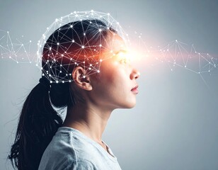 A woman with a glowing brain network, connected to a light stream