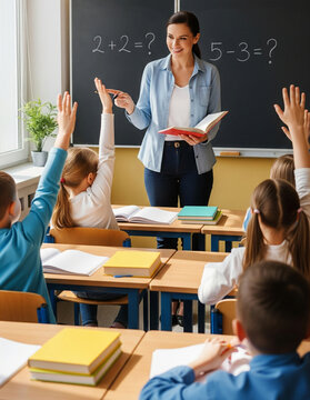 Young female teacher instructing primary school students in math class.