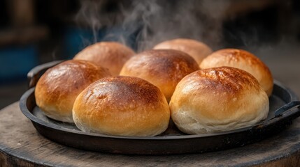 Freshly Baked Bread Rolls Steaming on a Rustic Tray, Perfect for Bakery Menus and Culinary Displays Showing Deliciousness and Warmth