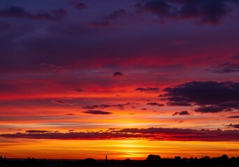 Obraz premium Dramatic sunset sky with vibrant orange, red, and purple clouds floating high above the horizon line in the evening ,pink ,tranquil ,light