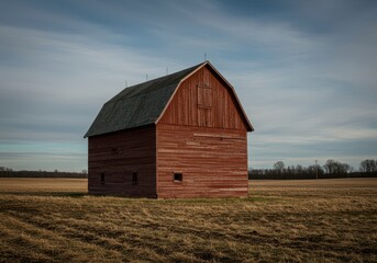 Obraz premium Weathered old wooden barn structure standing tall in a quiet farm field, showing rustic texture and deep red paint color ,aged ,weathered ,wood