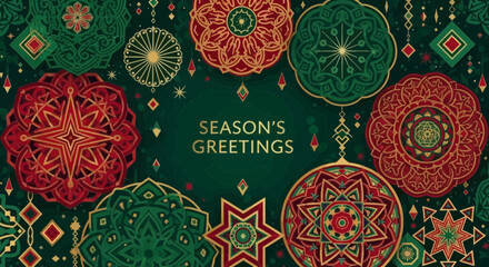 Ornate "Season's Greetings" card with red, green, and gold mandala-style holiday decorations on a dark green background.