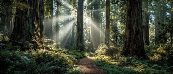 Fototapeta premium Sunlight streams through giant trees in a serene forest scene during daytime