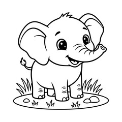 Cute Baby Elephant Standing on Grass Line Art Coloring Page Illustration
