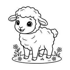 Cute Baby Sheep Standing on Field Line Art Coloring Page Illustration
