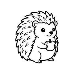 Cute Baby Hedgehog Standing with Apple Line Art Coloring Page Illustration
