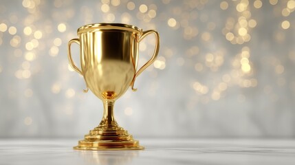 A shiny, gold trophy cup with a pedestal on a marble surface, set against a bokeh background with golden lights.