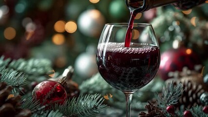 Pouring rich red wine into elegant glass with festive Christmas ornaments and tree lights creating warm holiday mood for celebrations, gatherings - Powered by Adobe