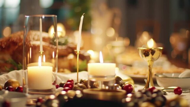 Delicious Thanksgiving turkey dinner with candles creating a cozy holiday atmosphere, perfect for family gatherings and festive celebrations