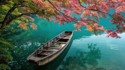 Obraz premium A serene lake with a wooden boat, surrounded by autumn leaves, reflecting on the water's surface.