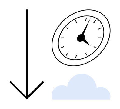 Downward arrow, clock face, and cloud symbolizing time tracking, efficiency, focus, digital minimalism, productivity, data flow, and workflow optimization as a simple flat metaphor