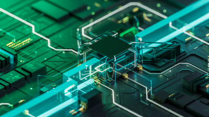 A digital illustration of a futuristic circuit board with a green and turquoise color scheme.