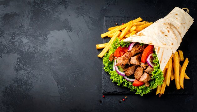 Delicious Shawarma Wrap with Fries on Slate with Dark Moody Background.