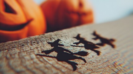 Naklejka premium Shadows of Witches on Wood with Halloween Pumpkins in Background