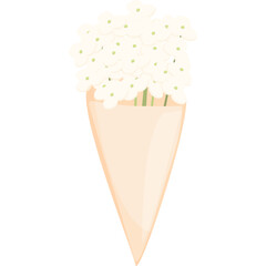 Delicate White Flower Bouquet Wrapped in Soft Peach Paper with Green Stems on a Transparent Background