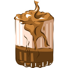 Delicious Dalgona Coffee Drink with Creamy Froth Overflowing from a Tall Glass with Chocolate Syrup Drizzle and Vertical Stripes on a Transparent Background Simple Vector Art
