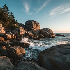 Obraz premium Massive granite boulders dominate a rugged, dramatic seashore landscape where ocean waves crash against the powerful stone formations ,tide ,spray ,heavy