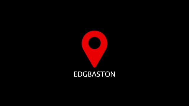 Red location pin icon with the word EDGBASTON on a black background marker